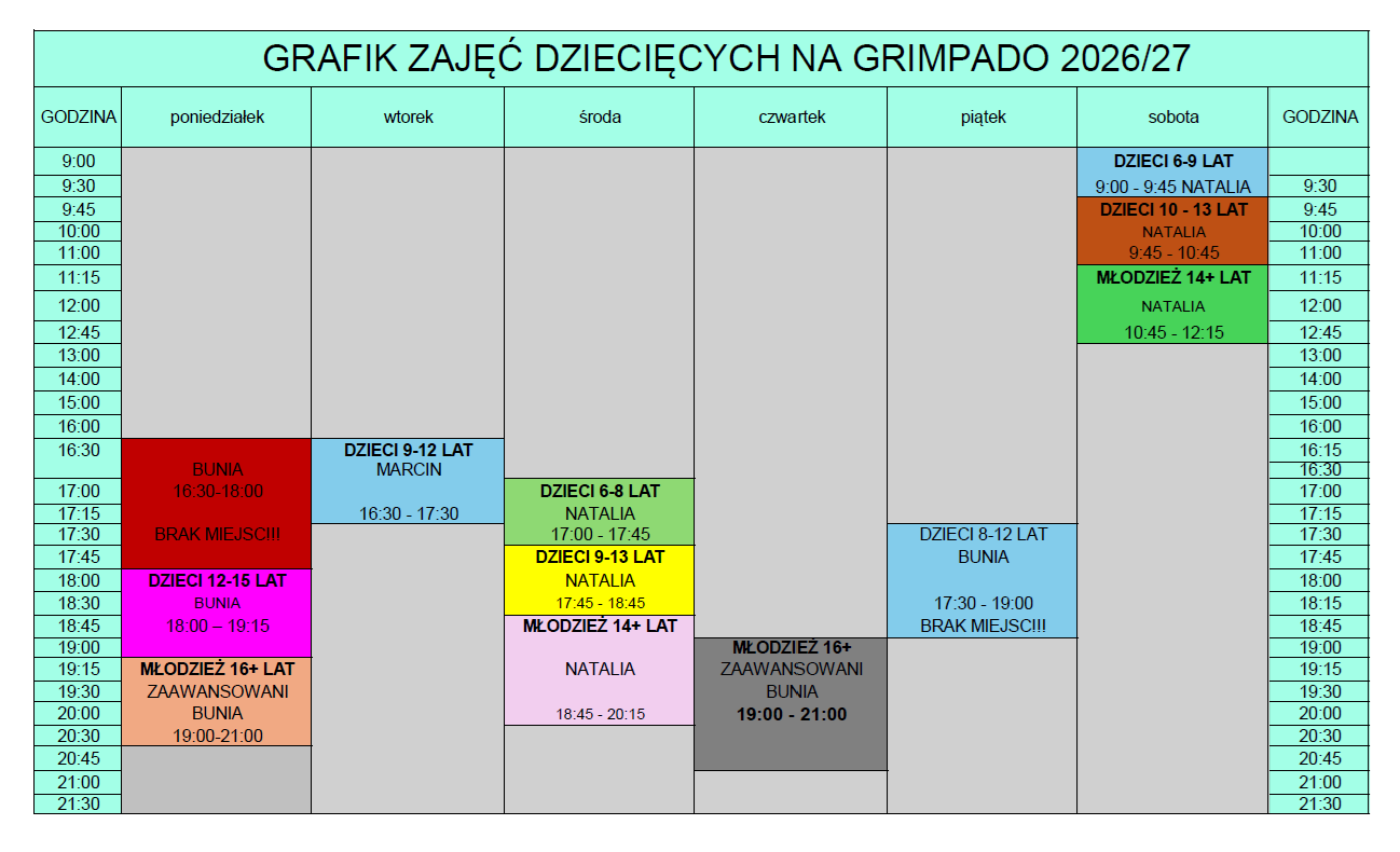 GRAFIK ZAJĘĆ DZIECI GRIMPADO 2026 2027